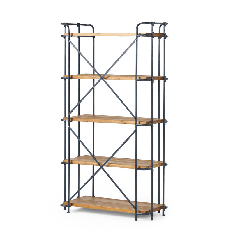 Yorktown - Industrial 5 Shelf Bookcase With Metal Pipework And Solid Fir - Natural