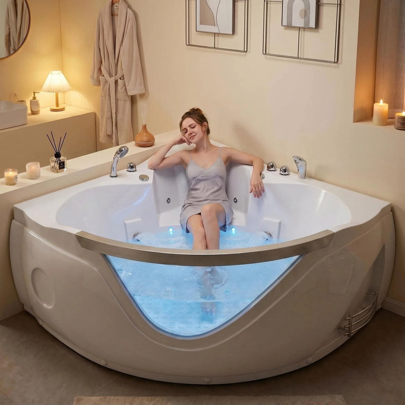 Xavier - Double Corner Massage Bathtub, Equipped & Gfci Plug And Ul Certified Water Pump, Upc Certified Drain - Milk White
