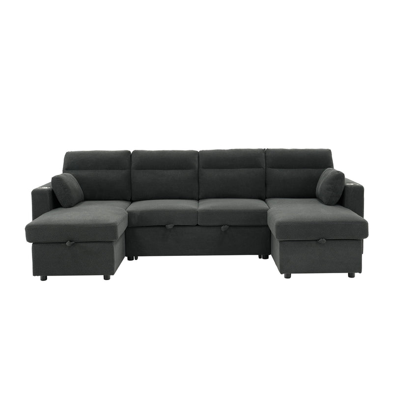 Convertible Sectional Sofa With Storage Chaise, Cup Holders And Pull Out Sleeper