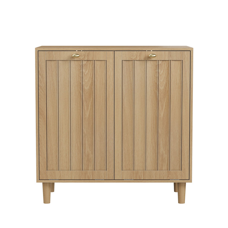 Sloping Laundry Basket With Removable Inner Bin, Concealed Storage Cabinet For Bathroom - Oak