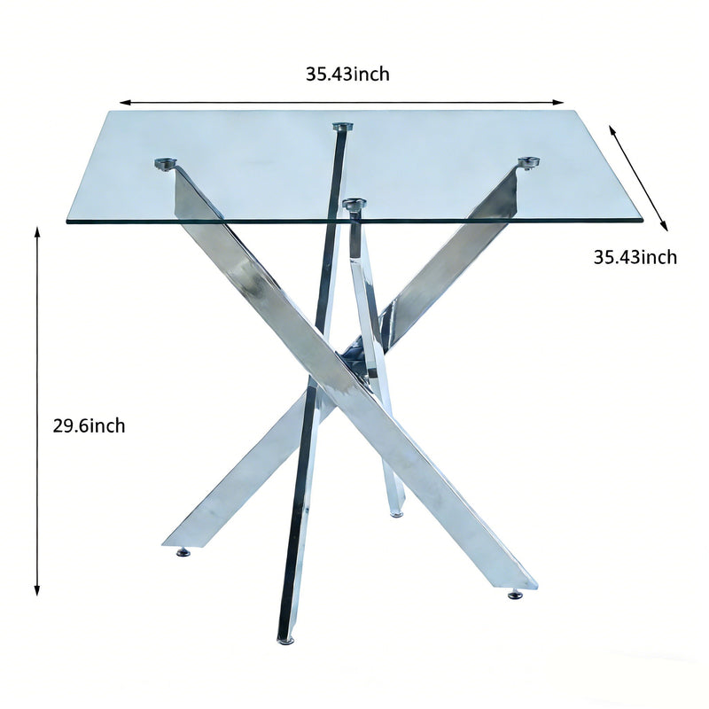 Dining Table With Cross Metal Leg And Tempered Glass, Modern Space Saving Kitchen Table For Living Room Legs, Square Table