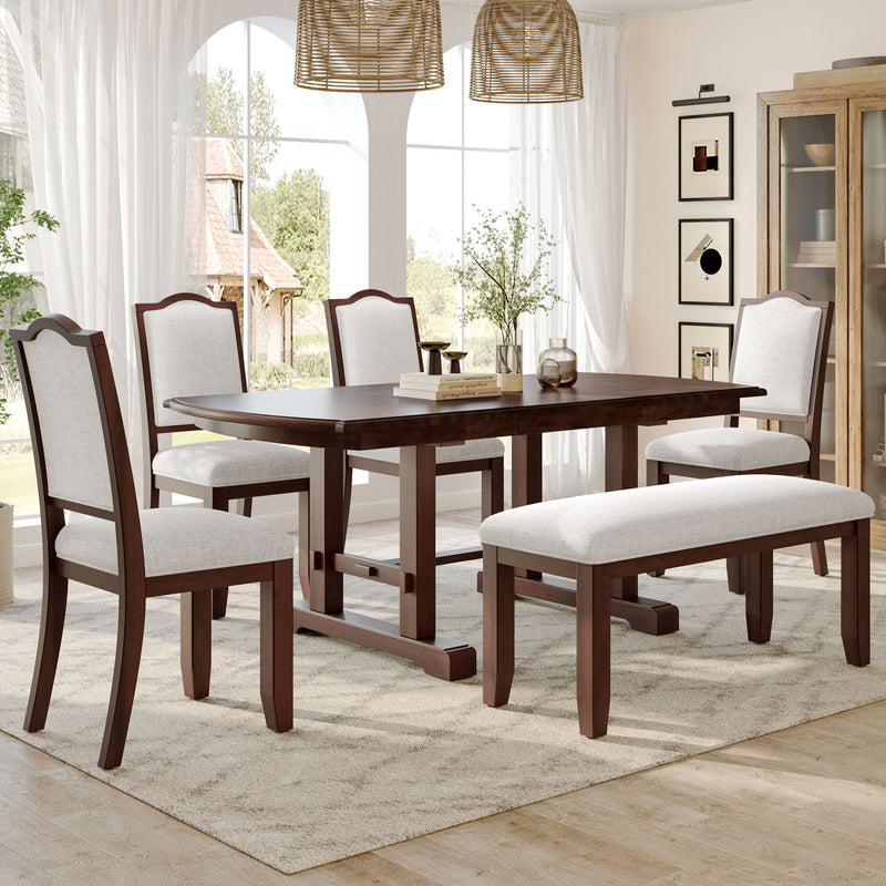 6 Piece Extendable Dining Table Set, Wood Table With Removable Leaf, 4 Upholstered Chairs And Bench - Cherry