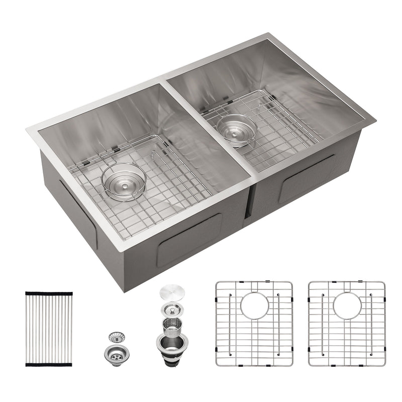 Undermount Double Bowl Kitchen Sink 16 Gauge With 9" Deep Basin - Brushed Nickel