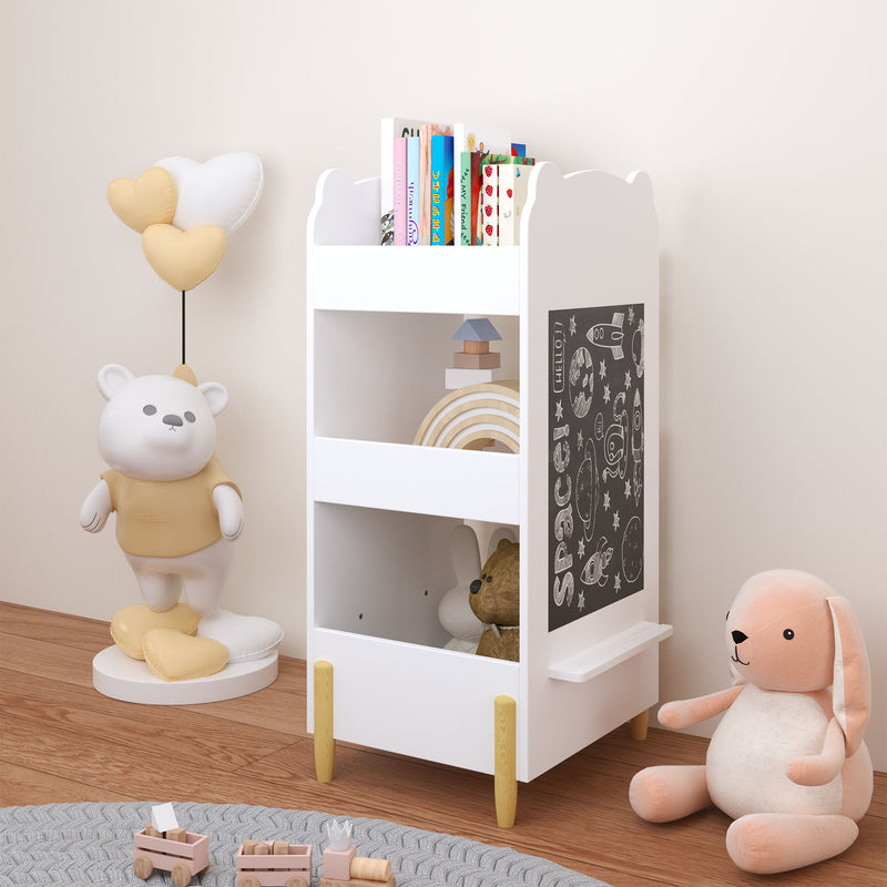 Bear Shaped Bookshelf With Chalkboard Side, 3 Tier Storage Organizer For Playroom - White