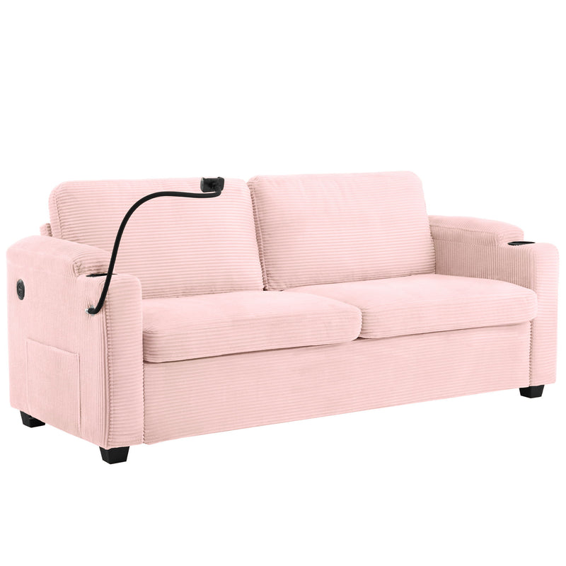 Sleeper Sofa Loveseat Sofa With Full Size Mattress, 2 USB Ports, 2 Cup Holders, 2 Side Pockets And Phone Holder