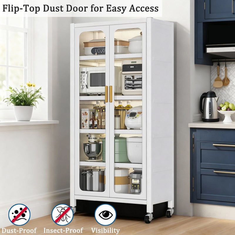 6 Tier Storage Cabinet With Transparent Door, Adjustable Shelves & Wheels