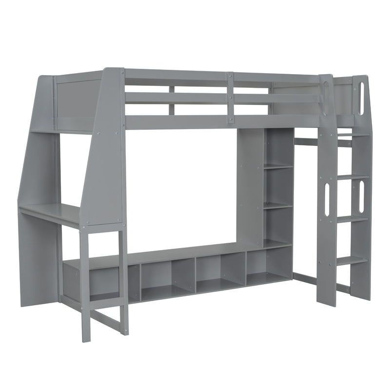 Gaming Loft Bed With Desk, Multi Storage Shelves, LED Lighting, And Hanging Clothes Rack