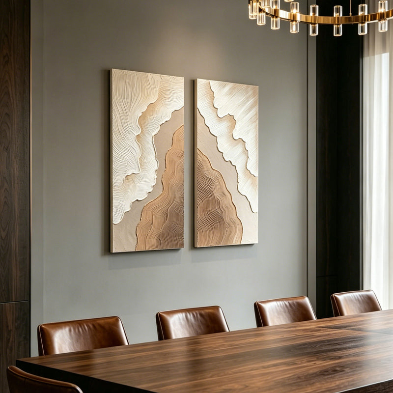 Abstract Wall Art, Textured Canvas Painting With Accents, Decor For Living Room (Set of 2) - Antique Brown / White