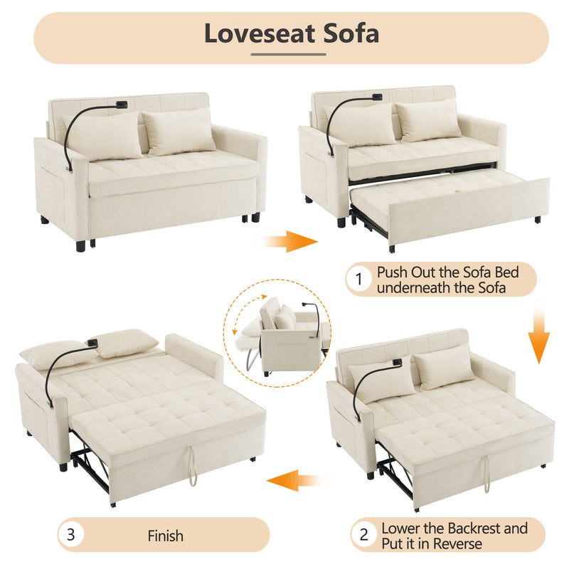 Pull-Out Sleeper Sofa With Reversible Backrest Cushion, Side Pockets, 2 USB Ports And A Phone Holder For Living Room