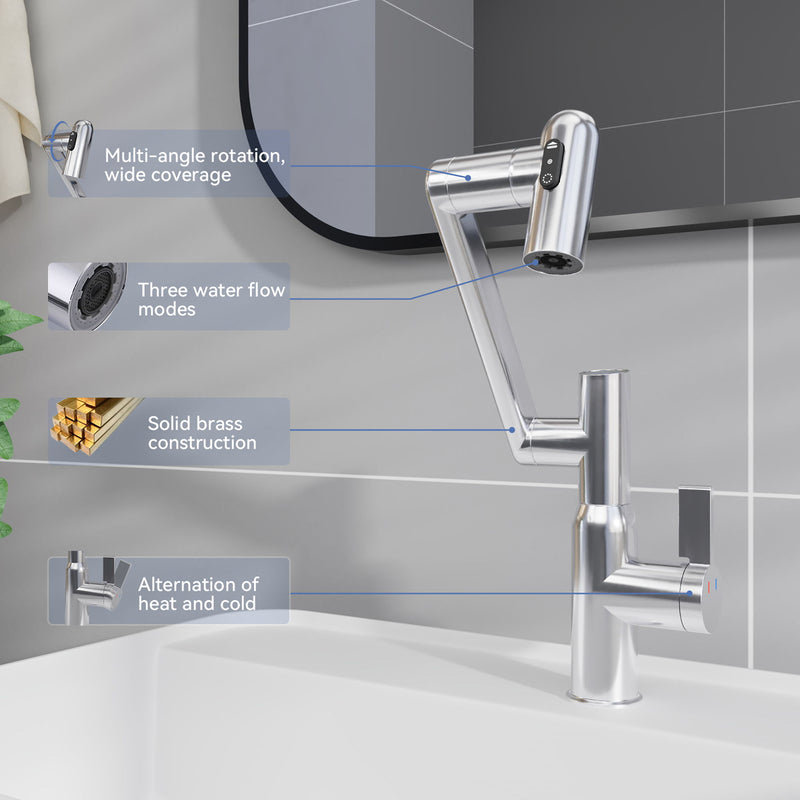 Bathroom Sink Faucet With Spray Function And Temperature Display, Anti Skid Switch, 360 Degree Rotary
