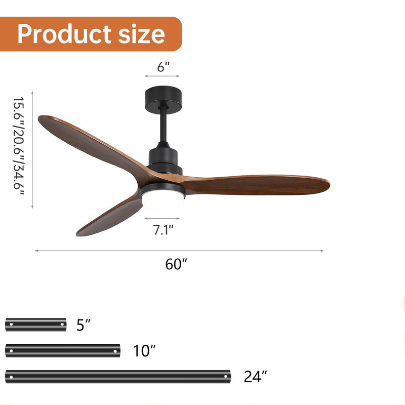 Ceiling Fan With Lights 3 Solid Wood Fan Blade Noiseless Reversible Motor Remote Control - Black