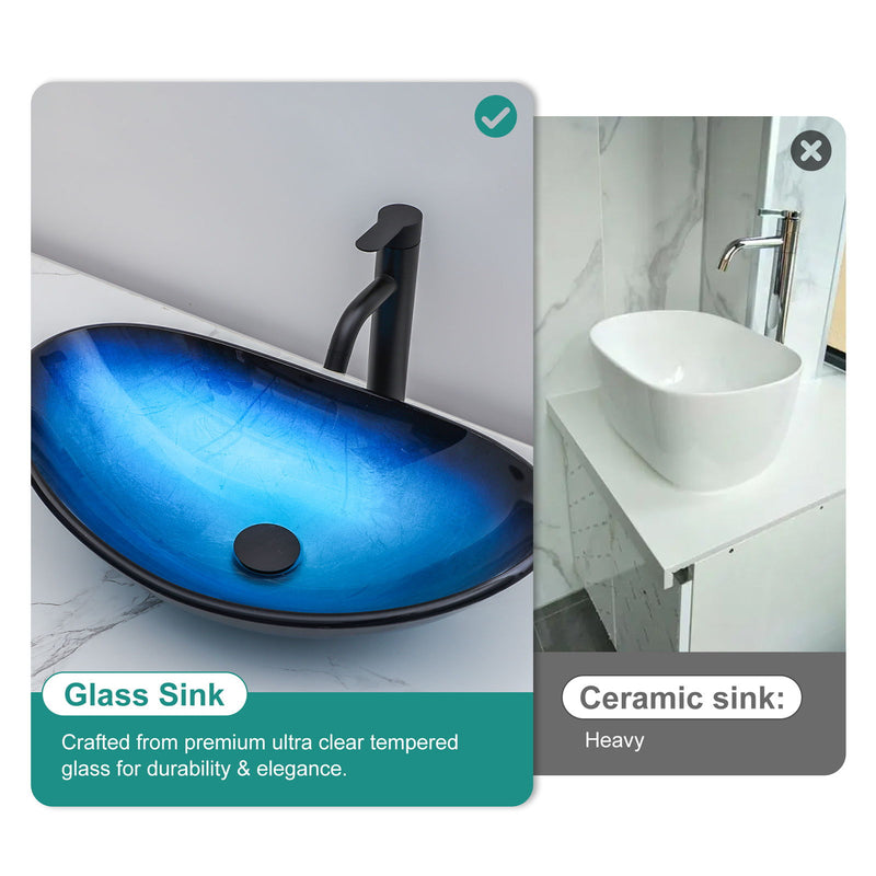 Tempered Glass Vessel Sink With Boat Shape Pop-Up Drain
