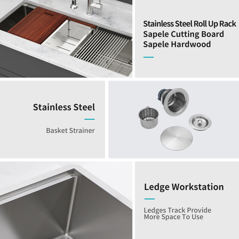 Undermount Workstation Kitchen Sink Stainless Steel Single Bowl