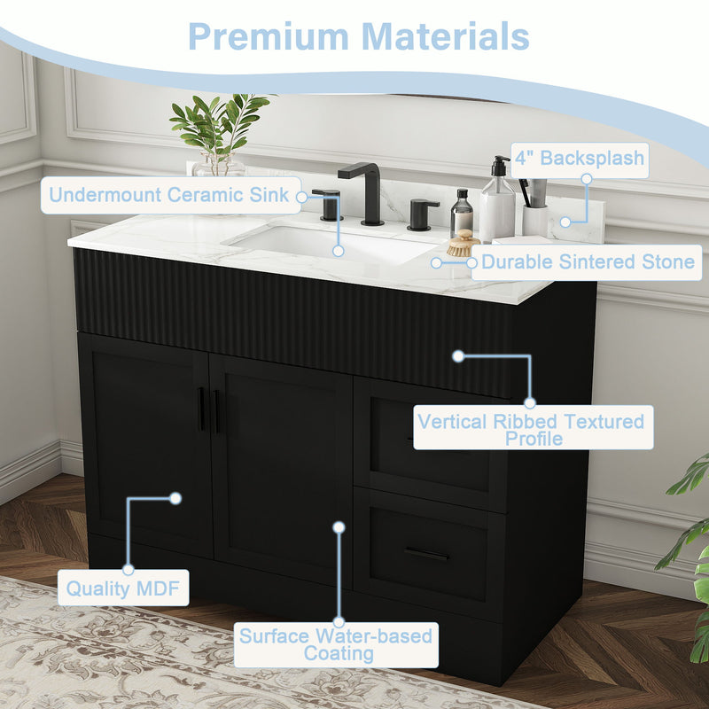 Bathroom Vanity Set, Fluted Cabinet, Soft Close Doors, Single Faucet Hole, Sink Included - Black