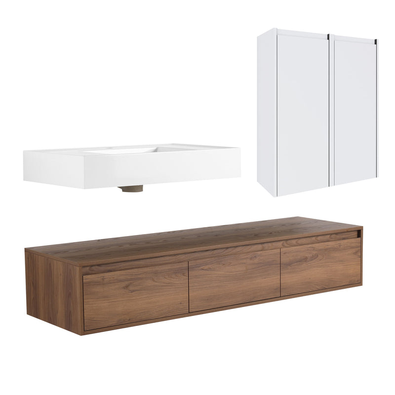 Wall Mounted Bathroom Vanity With Resin Sink And 2 Side Cabinet, 3 Soft Close Drawer - Brown Ebony