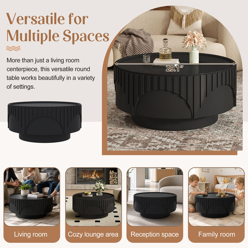 Round Fluted Drum Coffee Table With Sturdy Base For Living Room