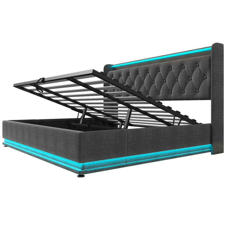 Upholstered Bed, 360 Surround LED Function, Remote Control, Hydraulic Storage Bed With USB, Type-C Charging (Without Mattress)