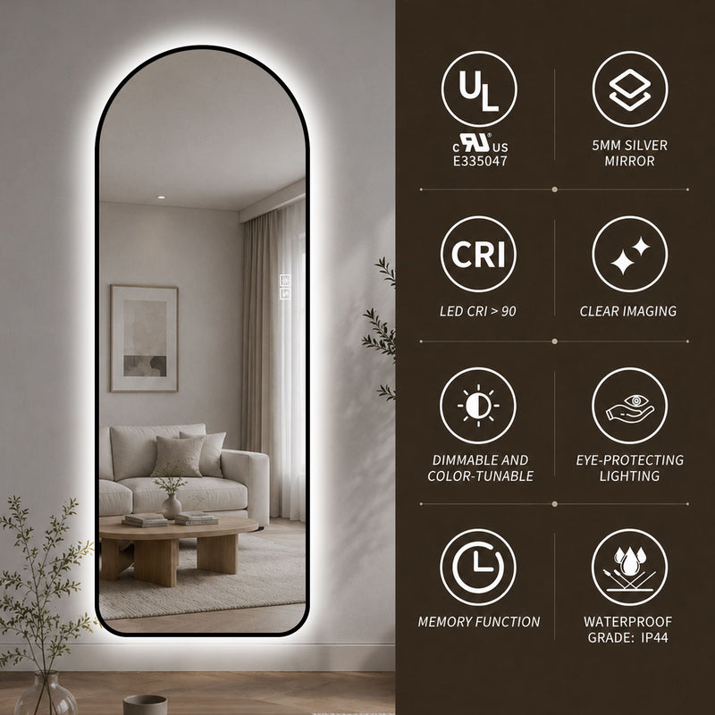 65" X 24" Arched LED Full Length Mirror With Frame, 3 Color Temperatures & Stepless Dimming - Black