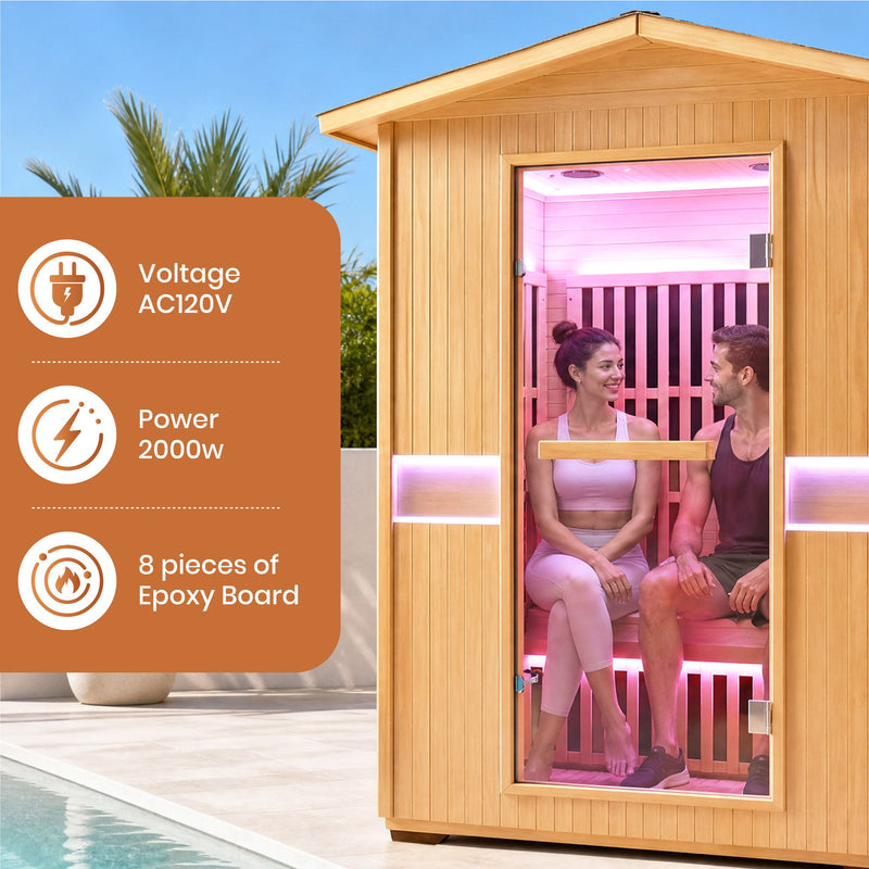 2000W Double Outdoor Far Infrared Sauna Room - Ameican White Oak