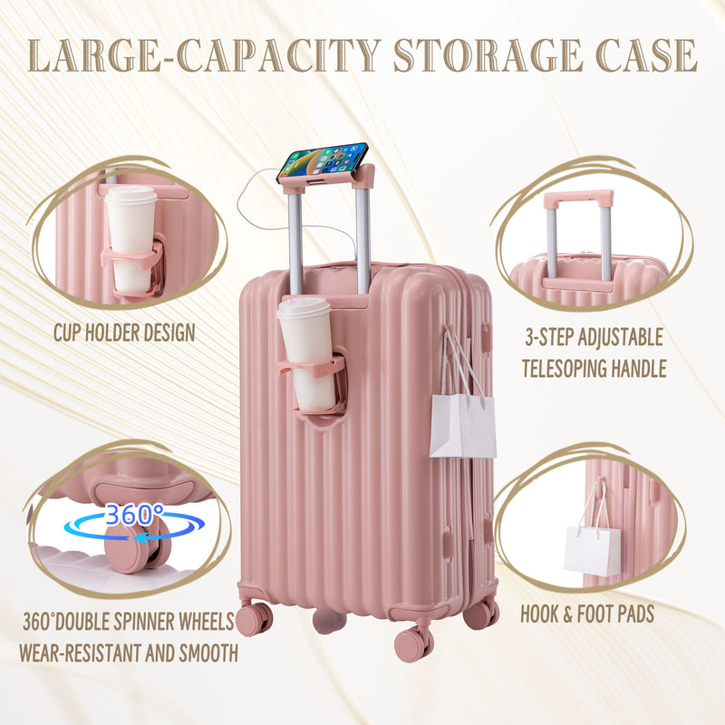 20" / 24" / 28" 3 Pieces / Set Spinner Wheel Luggage, Carry On Suitcase, With Cup Holder & USB Port & Phone Holder