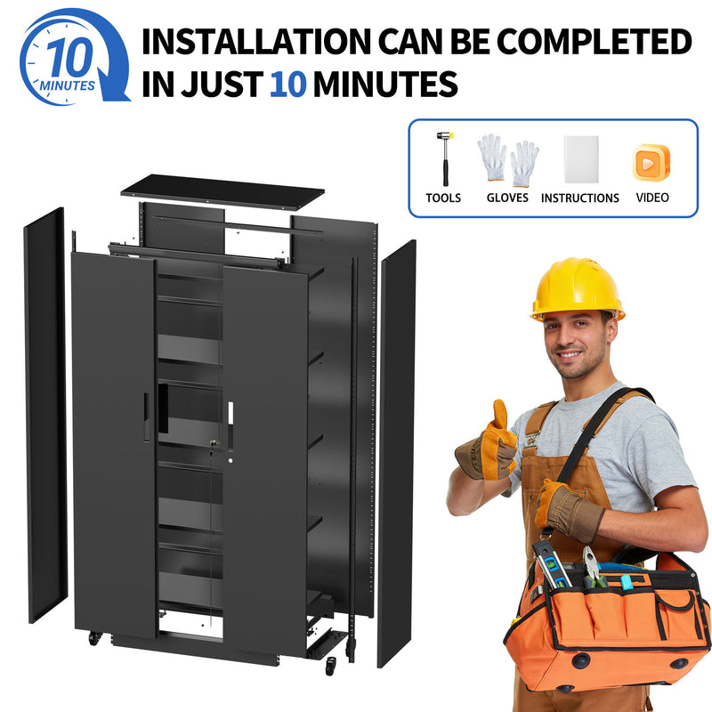 Storage Cabinet With Wheels And Lock, 4 Adjustable Shelves, 3 Point Locking Security, For Tool Organization In Garage - Black