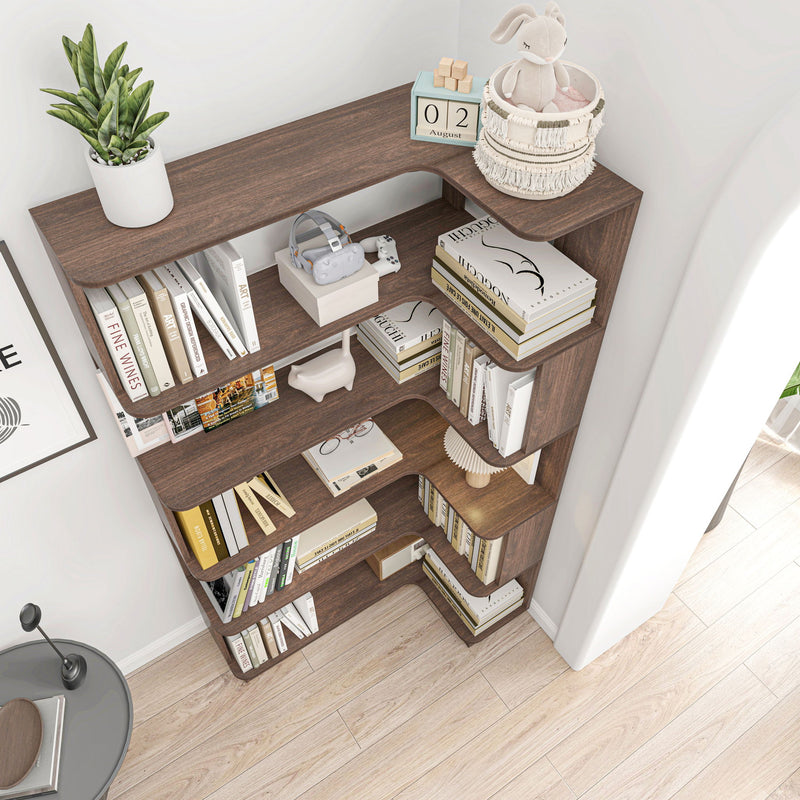Freestanding Corner Bookshelf For Living Room - Dark Brown