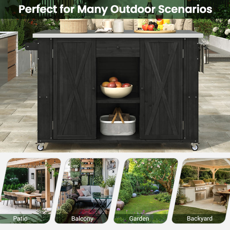 Outdoor Kitchen Island With Stainless Steel Top, Ample Storage Space, Towel And Spice Racks And A Bottle Opener