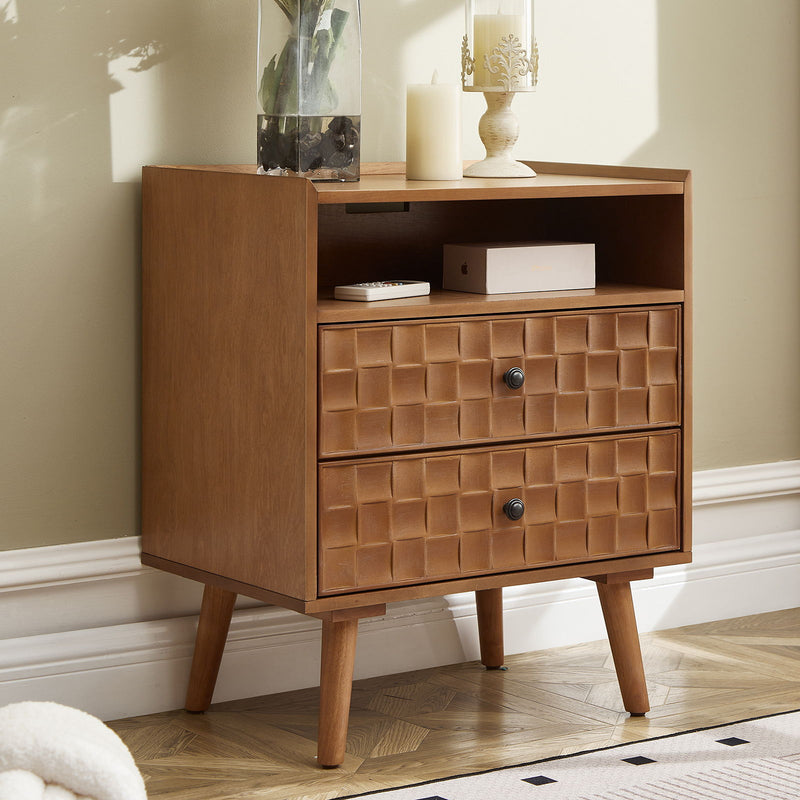 Nightstand With Charging Station, 2 Drawer Bedside Table With Shelf And USB / AC Ports