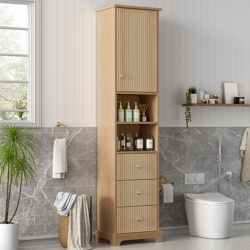 Tall Bathroom Cabinet With 1 Door, 3 Drawers, Open Storage - Wood