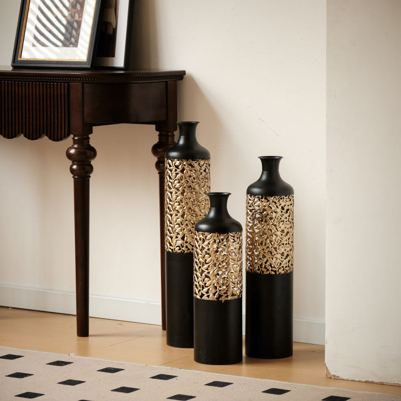 Floor Metal Vases Decorated Metal Vases (Set of 3) Gorgeous Home Decoration Large Glazed Metal Vases - Black / Gold
