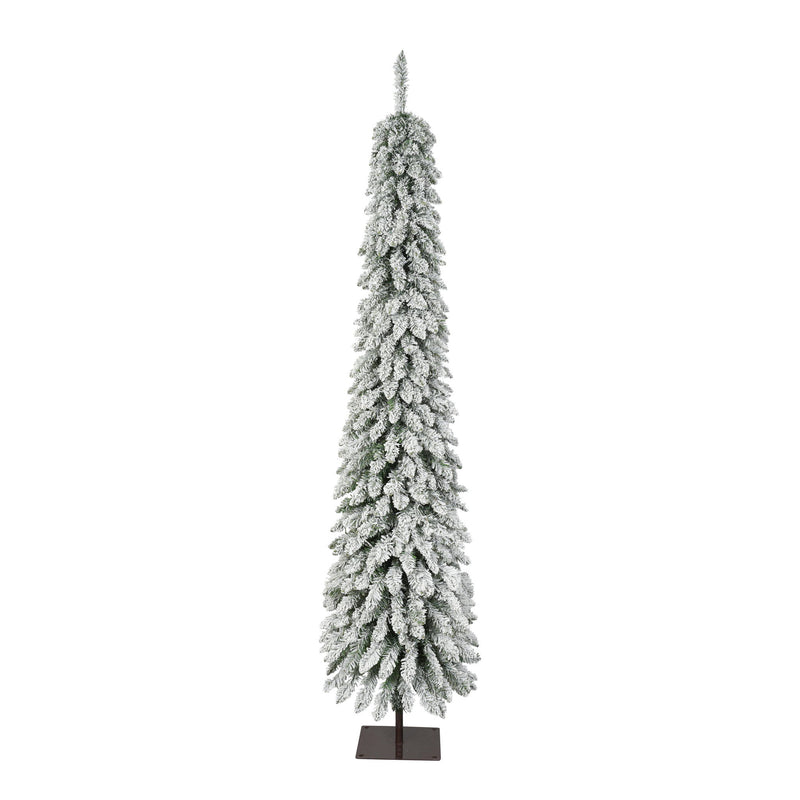 Slim Snow Flocked Pre Lit Pencil Christmas Tree, 3.9Ft / 5.9Ft / 7.9Ft With 750 Branch Tips, 480 LED Lights, Warm Glow, For Indoor Holiday Decor - White