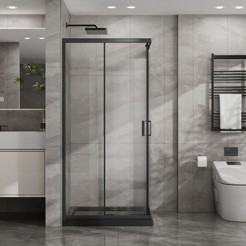 Corner Shower Enclosure, Double Sliding Door With Shower Base - Matte Black
