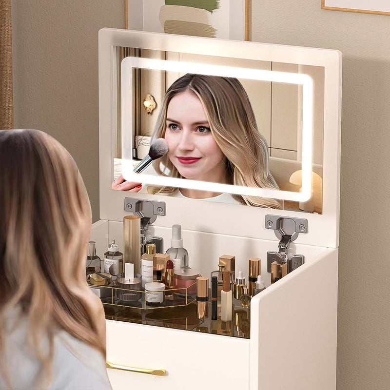 Compact 3 In 1 Vanity Desk With Open Top Mirror, Glass Desktop, 5 Height - White