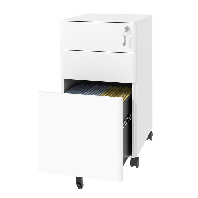 3-Drawer Mobile File Cabinet With Lock, On Wheels, Two Shallow & One Deep Drawer For Office/Home, Fully Assembled - White