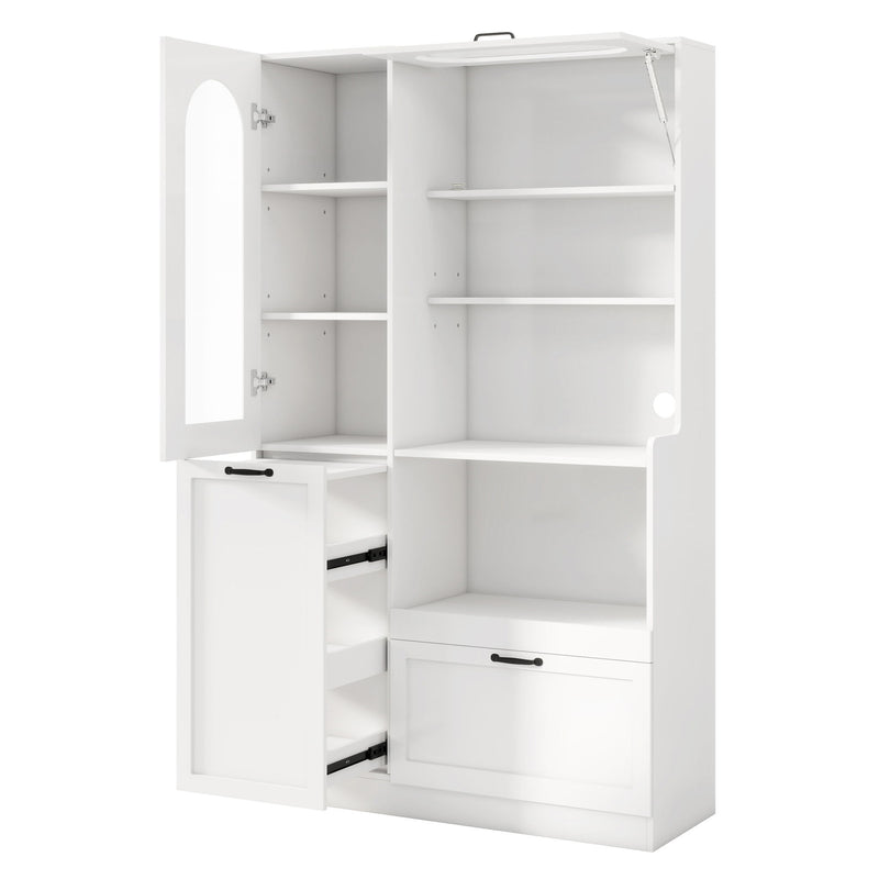 Tall Freestanding Kitchen Pantry Cabinet With Arched Glass Door