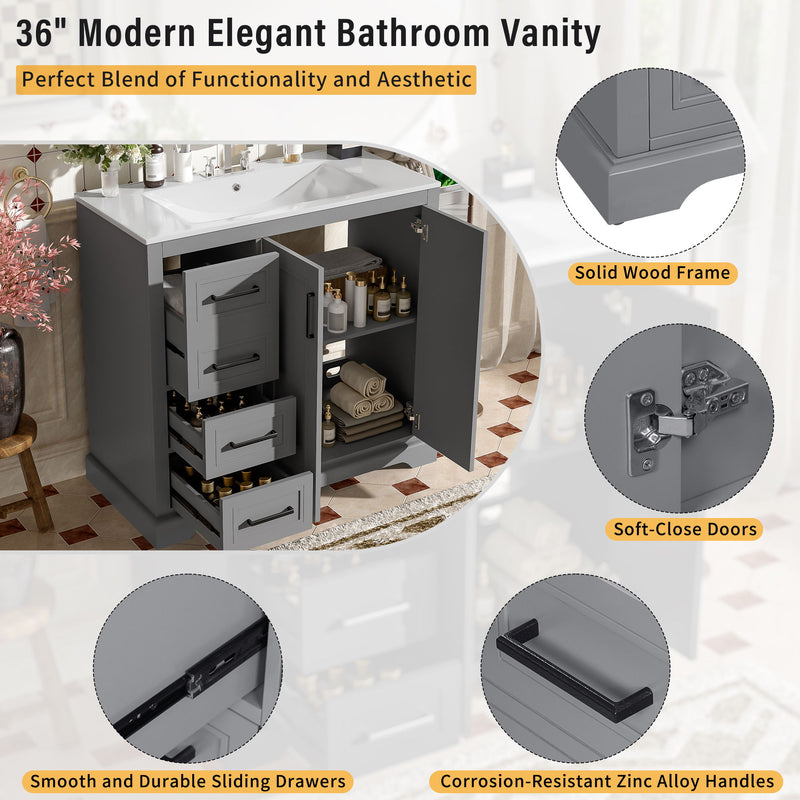 Bathroom Vanity With Sink, Soft Close Doors, Adjustable Shelf & 3 Drawers