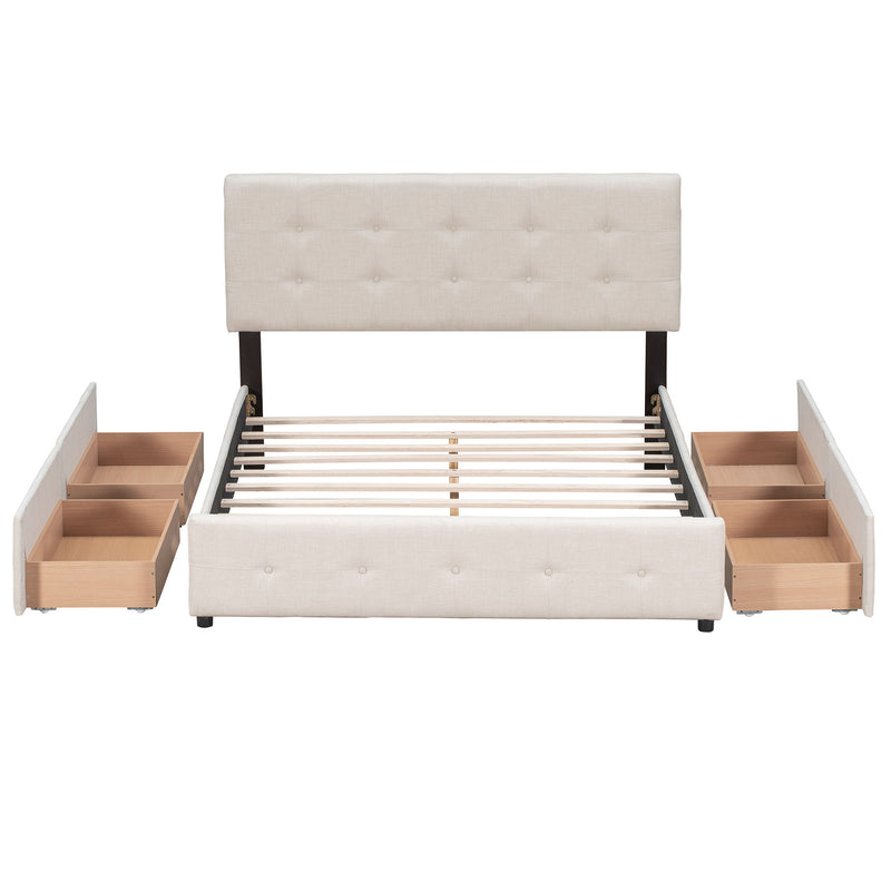Upholstered Platform Bed With Classic Headboard And Drawers, No Box Spring Needed