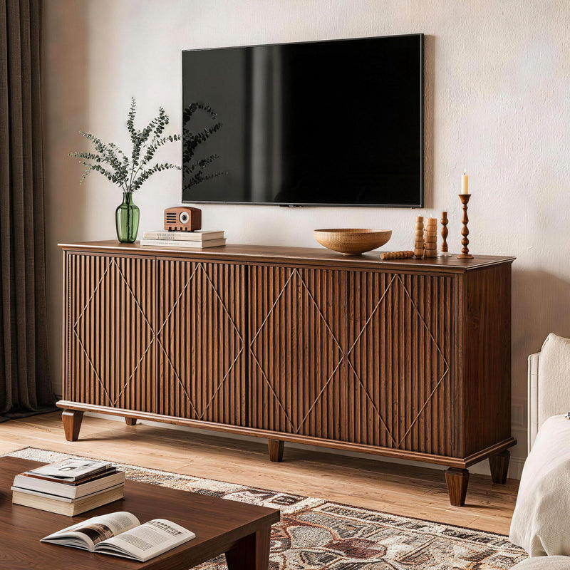 TV Stand With Carved Geometric Doors, Storage Cabinet For Living Room - Walnut