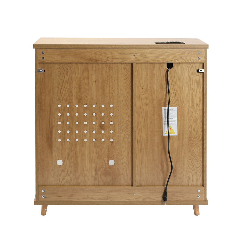 Fluted Coffee Bar Cabinet With Mini Fridge Space & Charging Station - Natural