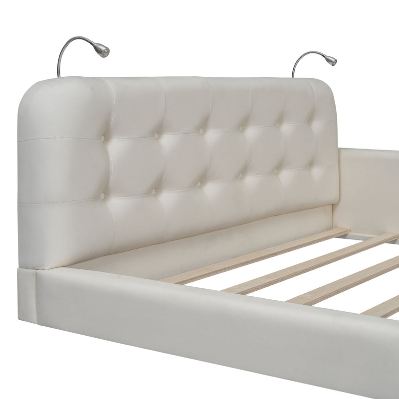 Queen Size Upholstered Platform Bed With 2 Reading Lights - White