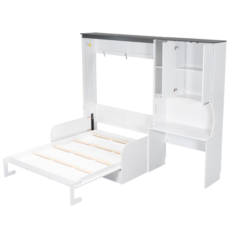 Multi Functional Murphy Bed With Sofa, Desk, And Storage Cabinet In, Full Size - White