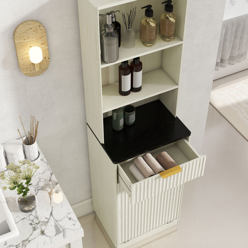 Tall Narrow Fluted Storage Cabinet With Trash Bin Compartment For Kitchen (Trash Can Not Included)