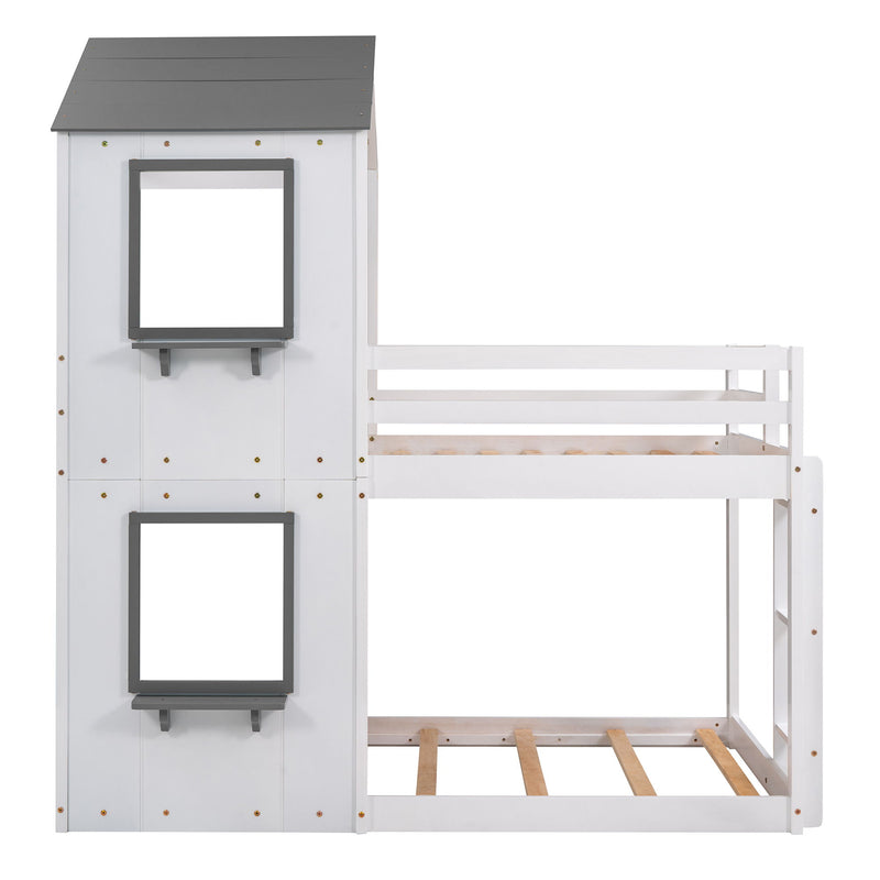 Bunk Bed Wood Bed & Roof, Window, Guardrail, Ladder