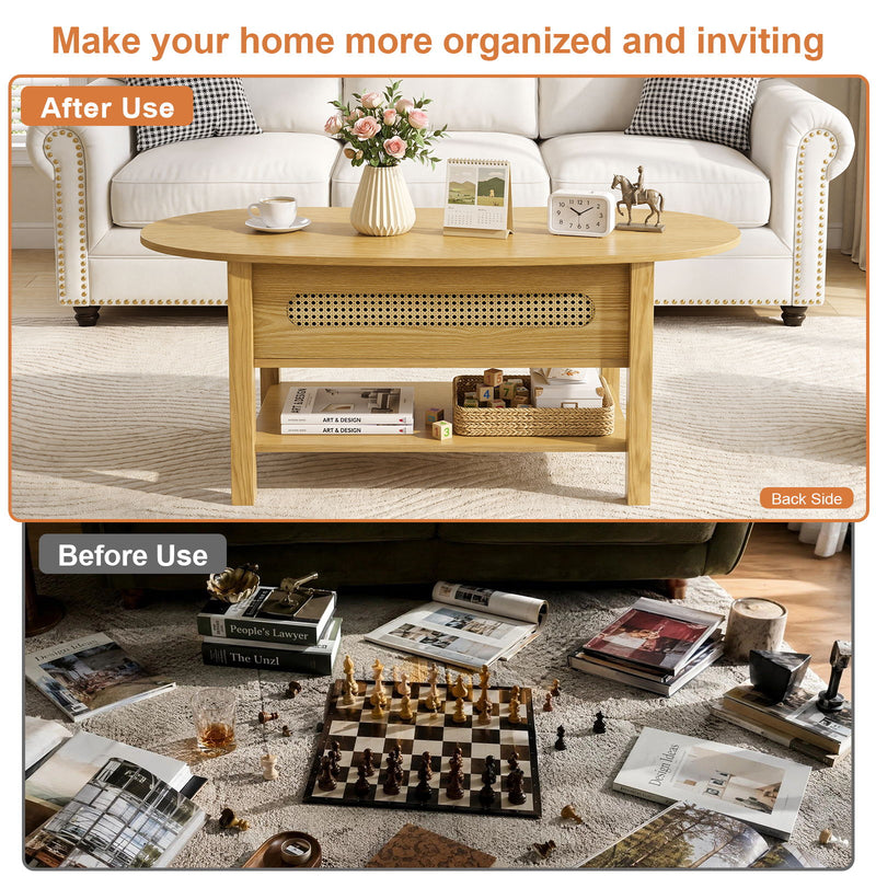 Oval Coffee Table With With 2 Storage Drawers For Living Rooms - Wood