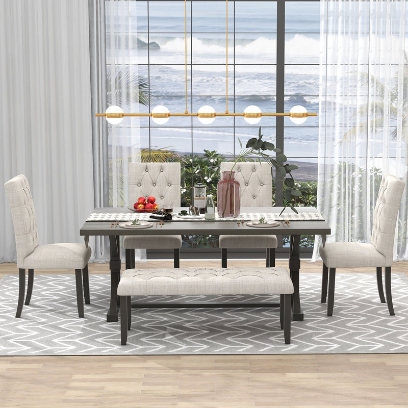 6 Piece Dining Table Set With Rectangular Wood Table, 4 Upholstered Chairs, Bench
