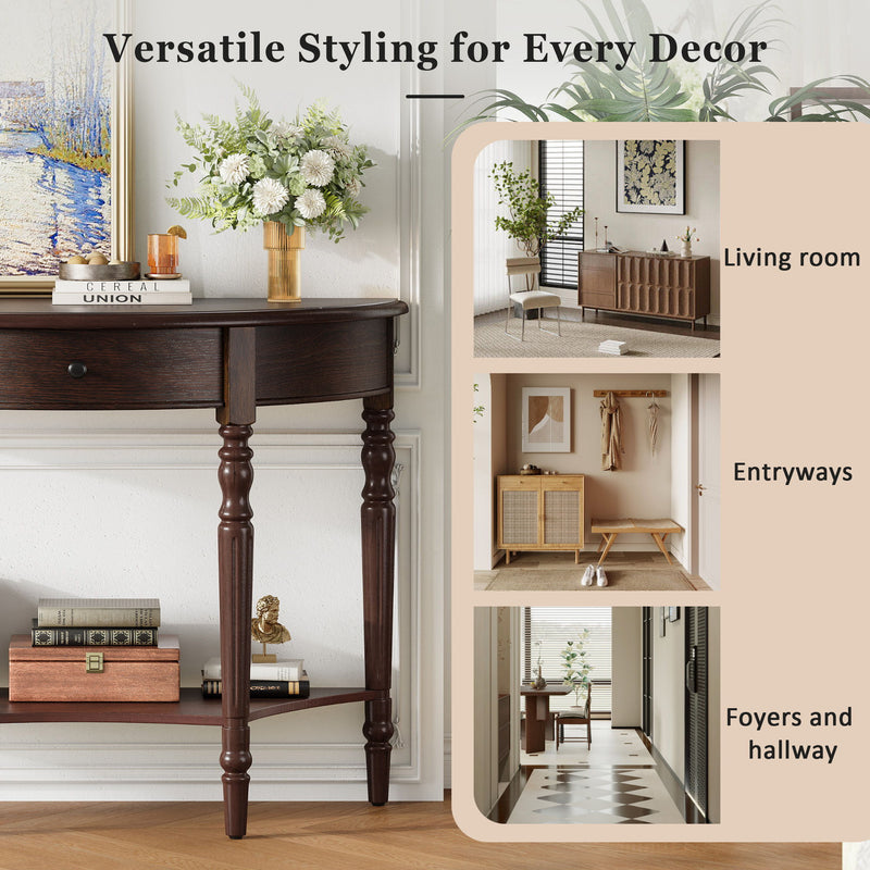 Half Moon Console Table With Drawer & Shelf