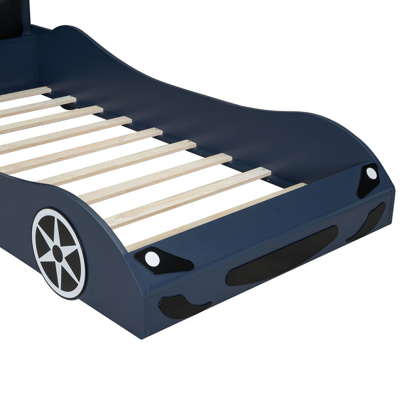 Race Car Shaped Platform Bed With LED And Upholstered Backrest In