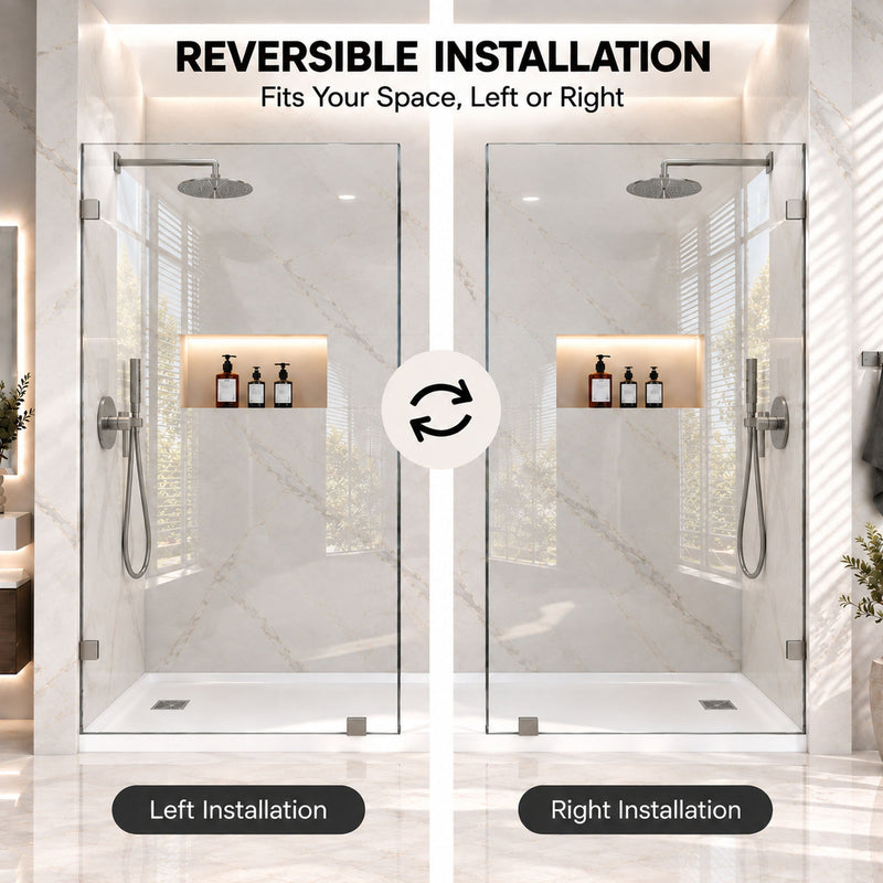 Frameless Bathtub Shower Screen, Reversible Installation