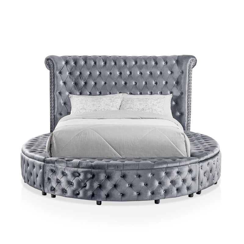 Glam Button Tufted Wingback Round Bed With Storage And USB Ports