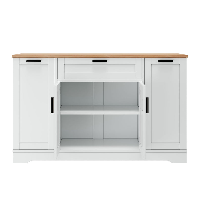 Sideboard With Extendable Table, Adjustable Shelves, 3 Tier Pull Out Rack - White